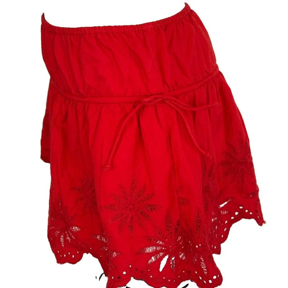 Free People Red Cotton Eyelet Mini Skirt Women Sz S Ruffle Tie Side Resort NWOT